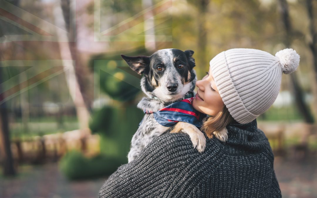Woman in a winter hat holding her dog outdoors, illustrating preparing and relocating your pet to the UK safely.